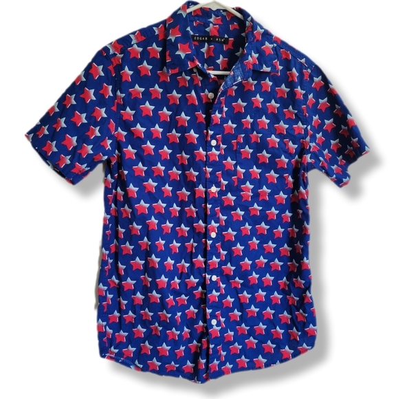 Edgar And Ash Blue Red Stars AOP Patriotic Summer Button Down Shirt - Picture 1 of 10